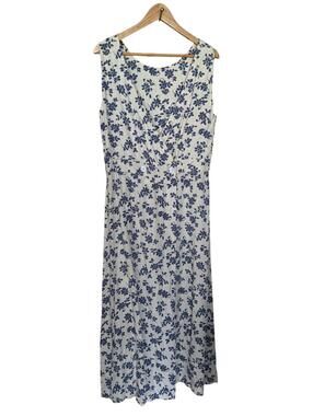 Vintage Woolrich White Sleeveless Maxi Dress Vneck Large Floral cottage garden